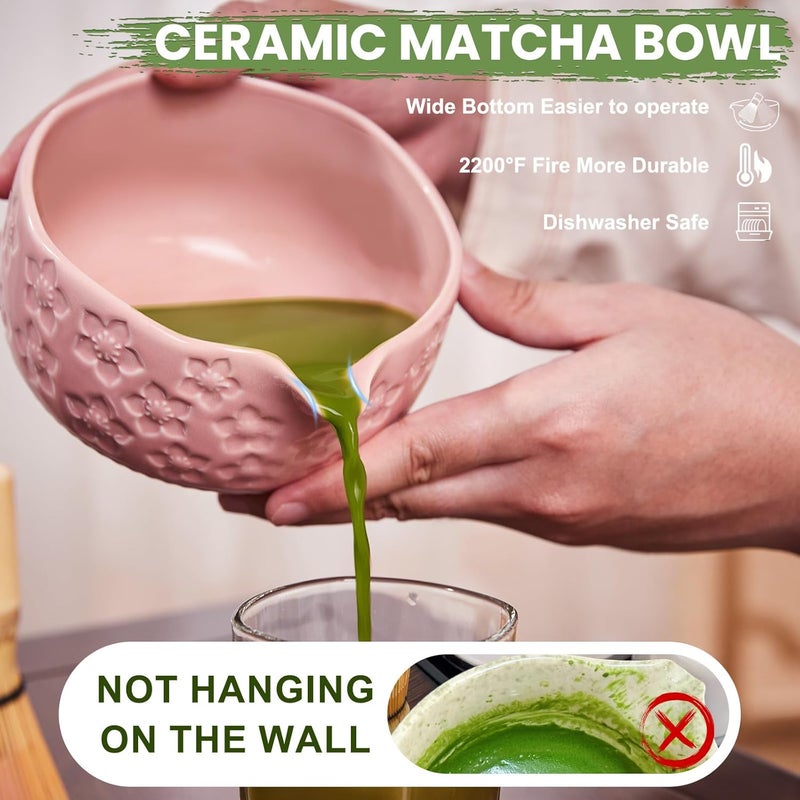 RANERANE Matcha Whisk Set, Sakura Pink Ceramic Matcha Set Includes Matcha Bowl, Matcha Whisk (Chasen) and Holder, Sifter, Bamboo Scoop & Spoon - 6 Pcs Matcha Kit for Matcha Lovers - Image 4